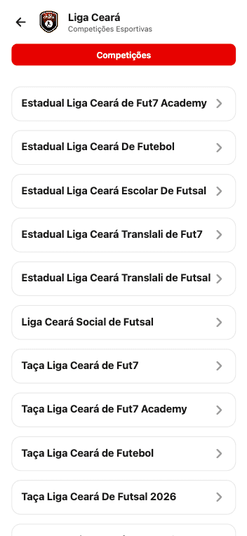 Tela de competições do aplicativo Liga Ceará