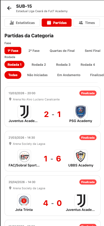 Tela de partidas do aplicativo Liga Ceará
